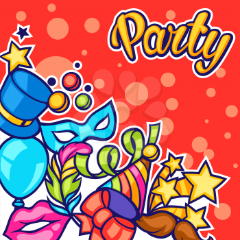 Celebration party card with carnival icons and objects.
