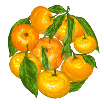 Circle with mandarins. Tropical fruits and leaves.