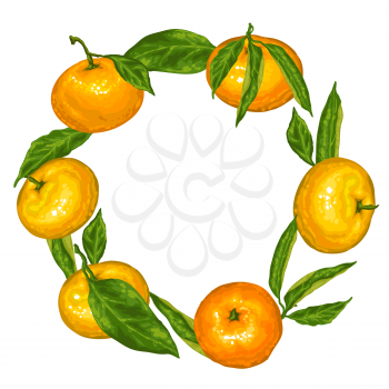 Frame with mandarins. Tropical fruits and leaves.