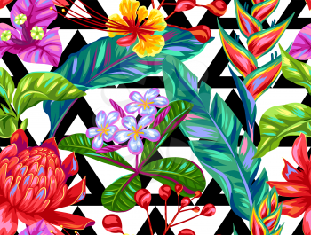 Seamless pattern with Thailand flowers. Tropical multicolor plants, leaves and buds.
