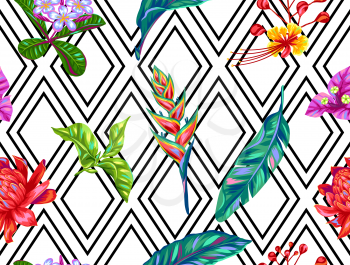 Seamless pattern with Thailand flowers. Tropical multicolor plants, leaves and buds.