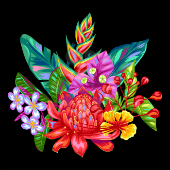 Decorative object with Thailand flowers. Tropical multicolor plants, leaves and buds.