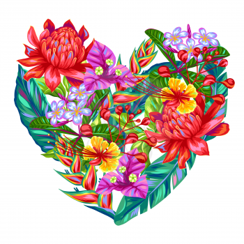 Decorative heart with Thailand flowers. Tropical multicolor plants, leaves and buds.