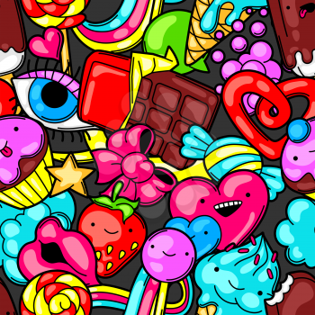 Seamless kawaii pattern with sweets and candies. Crazy sweet-stuff in cartoon style.