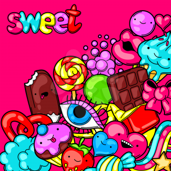 Kawaii background with sweets and candies. Crazy sweet-stuff in cartoon style.