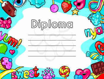 Kawaii diploma with sweets and candies. Crazy sweet-stuff in cartoon style.