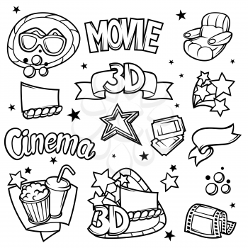 Set of 3d movie design elements and cinema objects in cartoon style.