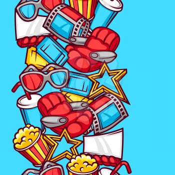Seamless pattern of 3d movie elements and cinema objects in cartoon style.