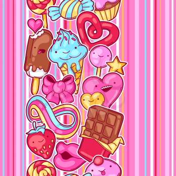 Seamless kawaii pattern with sweets and candies. Crazy sweet-stuff in cartoon style.