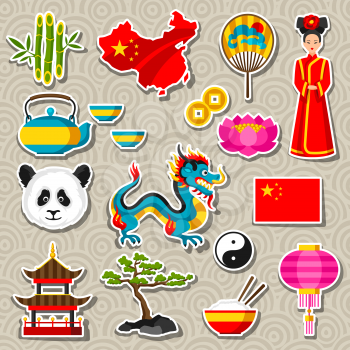 China icons set. Chinese sticker symbols and objects.