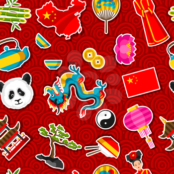 China seamless pattern. Chinese sticker symbols and objects.