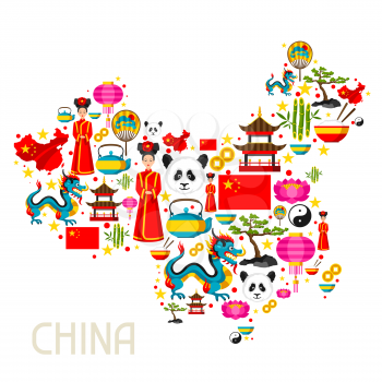 China map design. Chinese symbols and objects.