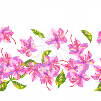 Seamless pattern with rhododendron flowers. Bright buds and leaves.