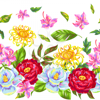 Seamless pattern with China flowers. Bright buds of magnolia, peony, rhododendron and chrysanthemum.