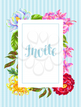 Invitation card with China flowers. Bright buds of magnolia, peony, rhododendron and chrysanthemum.