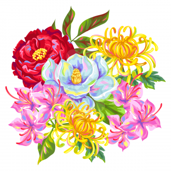 Bouquet with China flowers. Bright buds of magnolia, peony, rhododendron and chrysanthemum.