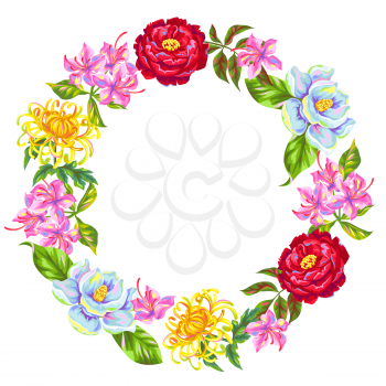Wreath with China flowers. Bright buds of magnolia, peony, rhododendron and chrysanthemum.