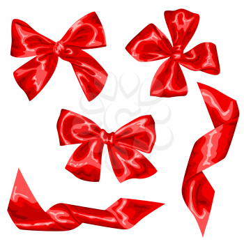 Set of red satin gift bows and ribbons.