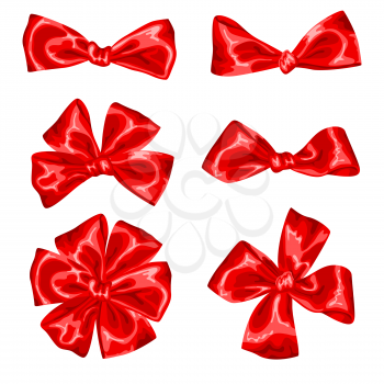 Set of red satin gift bows and ribbons.