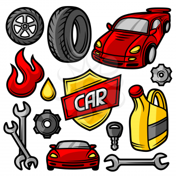 Set of car repair service objects and items.
