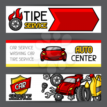 Car repair banners design with service objects and items.