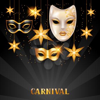Carnival invitation card with golden masks and stars. Celebration party background.