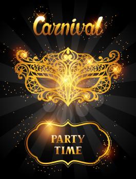 Carnival invitation card with golden lace mask. Celebration party background.