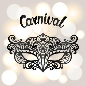 Carnival invitation card with black lace mask. Celebration party background.