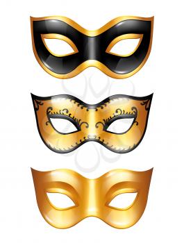 Set of golden carnival venetian masks on white background.