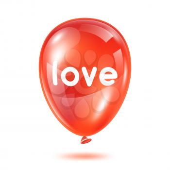 Red glossy balloon with word love. Happy Valentine day greeting card.