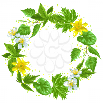 Spring green leaves and flowers. Wreath with plants twig buds.