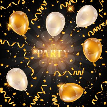 Celebration party background with golden balloons and serpentine. Greeting, invitation card or flyer.