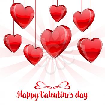 Happy Valentine day greeting card with red realistic hearts.