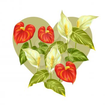 Greeting card with flowers spathiphyllum and anthurium.
