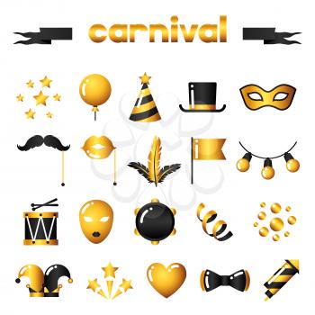 Set of carnival gold icons and objects. Celebration party items.