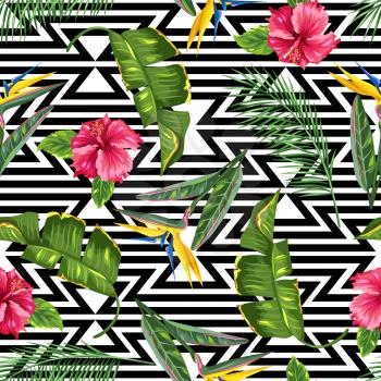 Seamless pattern with tropical leaves and flowers. Palms branches, bird of paradise flower, hibiscus.