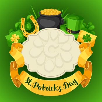 Saint Patricks Day greeting card. Flag, pot of gold coins, shamrocks, green hat and horseshoe.