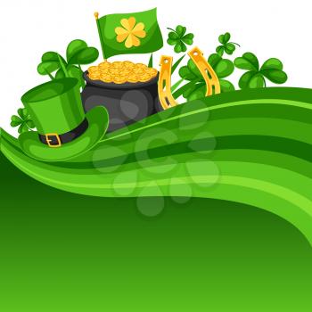 Saint Patricks Day card. Flag, pot of gold coins, shamrocks, green hat and horseshoe.
