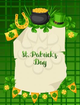 Saint Patricks Day poster. Flag, pot of gold coins, shamrocks, green hat and horseshoe.