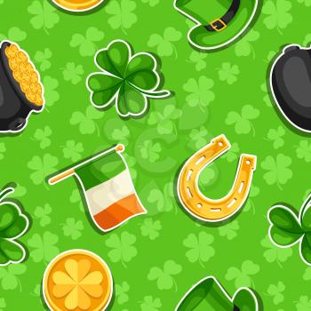 Saint Patricks Day seamless pattern. Flag Ireland, pot of gold coins, shamrocks, green hat and horseshoe.
