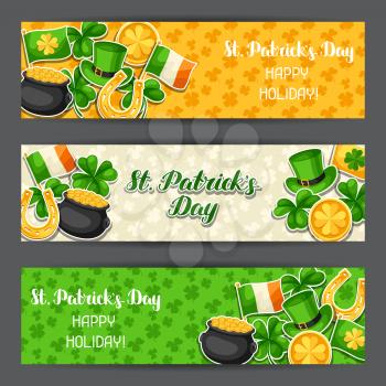 Saint Patricks Day banners. Flag Ireland, pot of gold coins, shamrocks, green hat and horseshoe.