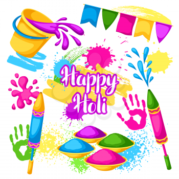Happy Holi set of elements. Buckets with paint, water guns, flags, blots and stains.