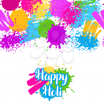 Happy Holi colorful seamless pattern. Grunge background with paint splashes, blotches, spots and drops.