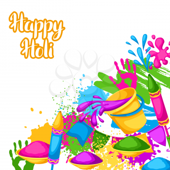 Happy Holi colorful background. Illustration of buckets with paint, water guns, flags, blots and stains.