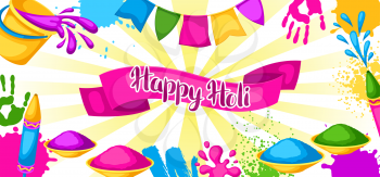 Happy Holi colorful banner. Illustration of buckets with paint, water guns, flags, blots and stains.