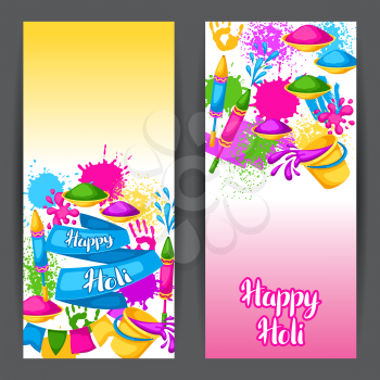 Happy Holi colorful banners. Illustration of buckets with paint, water guns, flags, blots and stains.