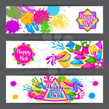 Happy Holi colorful banners. Illustration of buckets with paint, water guns, flags, blots and stains.