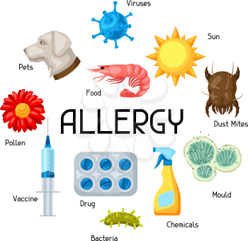 Allergy. Background with allergens and symbols. Vector illustration for medical websites advertising medications.