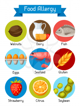Food allergy background with allergens and symbols. Vector illustration for medical websites advertising medications.