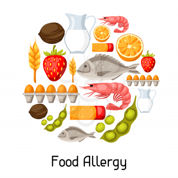 Food allergy background with allergens and symbols. Vector illustration for medical websites advertising medications.
